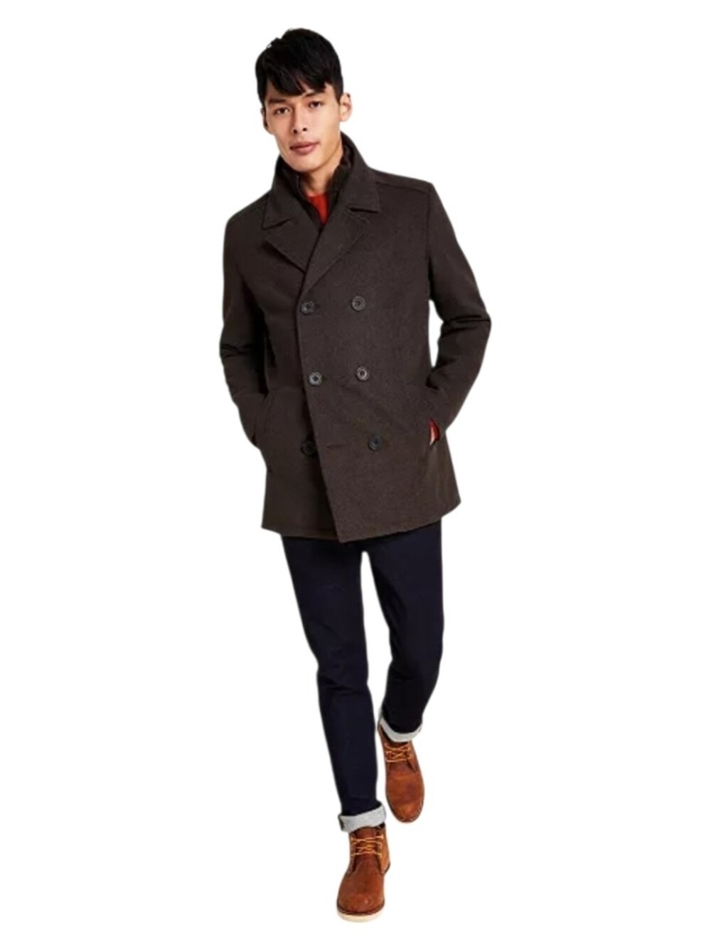 NWT. Kenneth Cole Men's Brown Preppy Wool Blend Peacoat With Bib Coat. Size XL